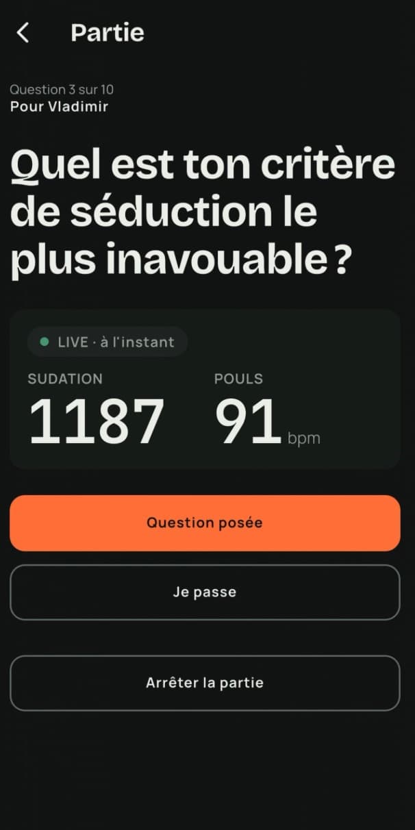 Écran de question : « Quel est ton critère de séduction le plus inavouable ? », mesures en direct