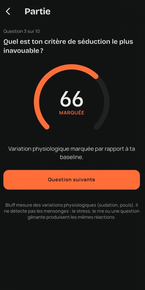 Écran de résultat : jauge à 66, variation physiologique marquée par rapport à la baseline