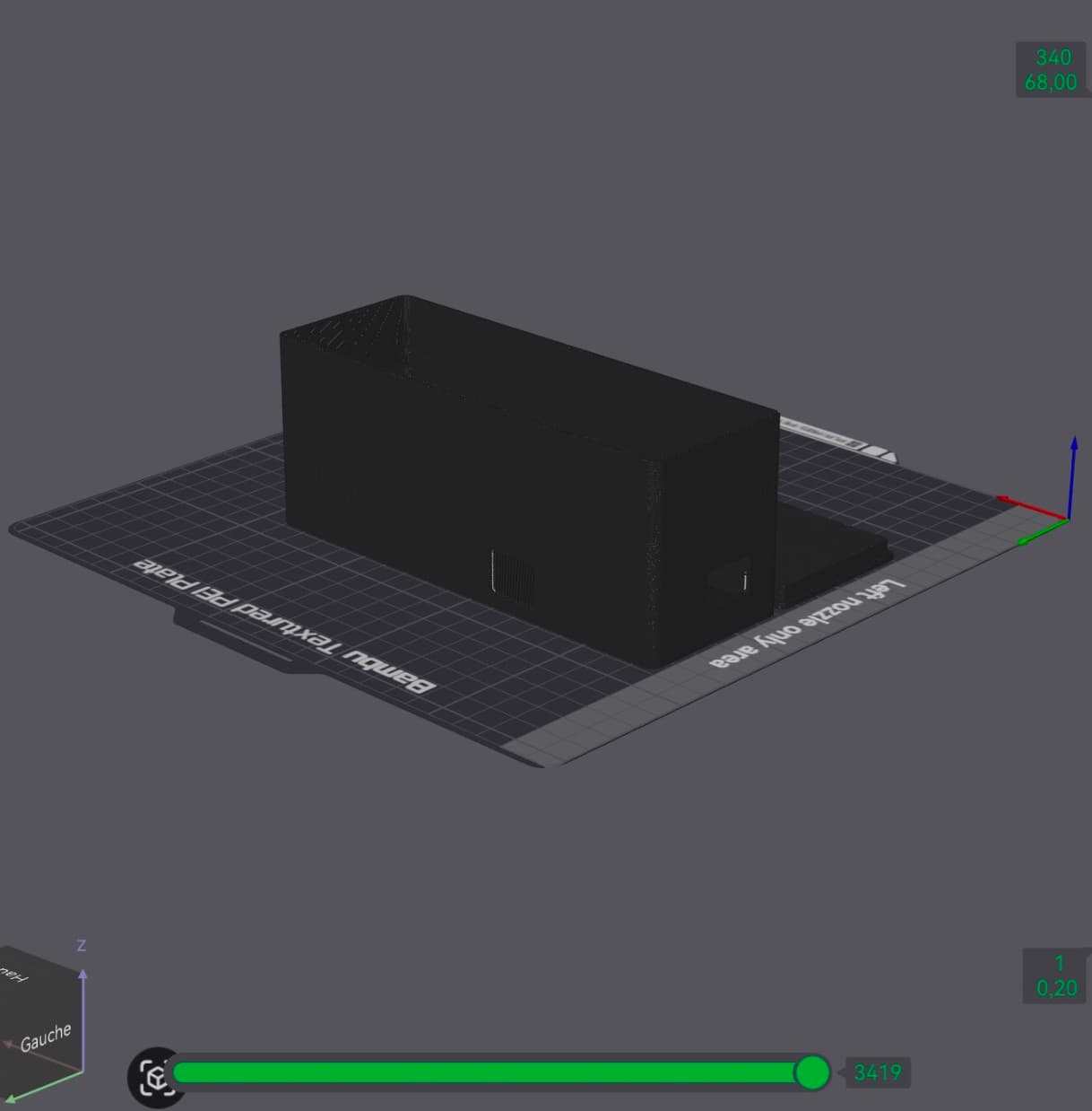 Le boîtier modélisé dans le logiciel de tranchage, prêt à être imprimé en 3D
