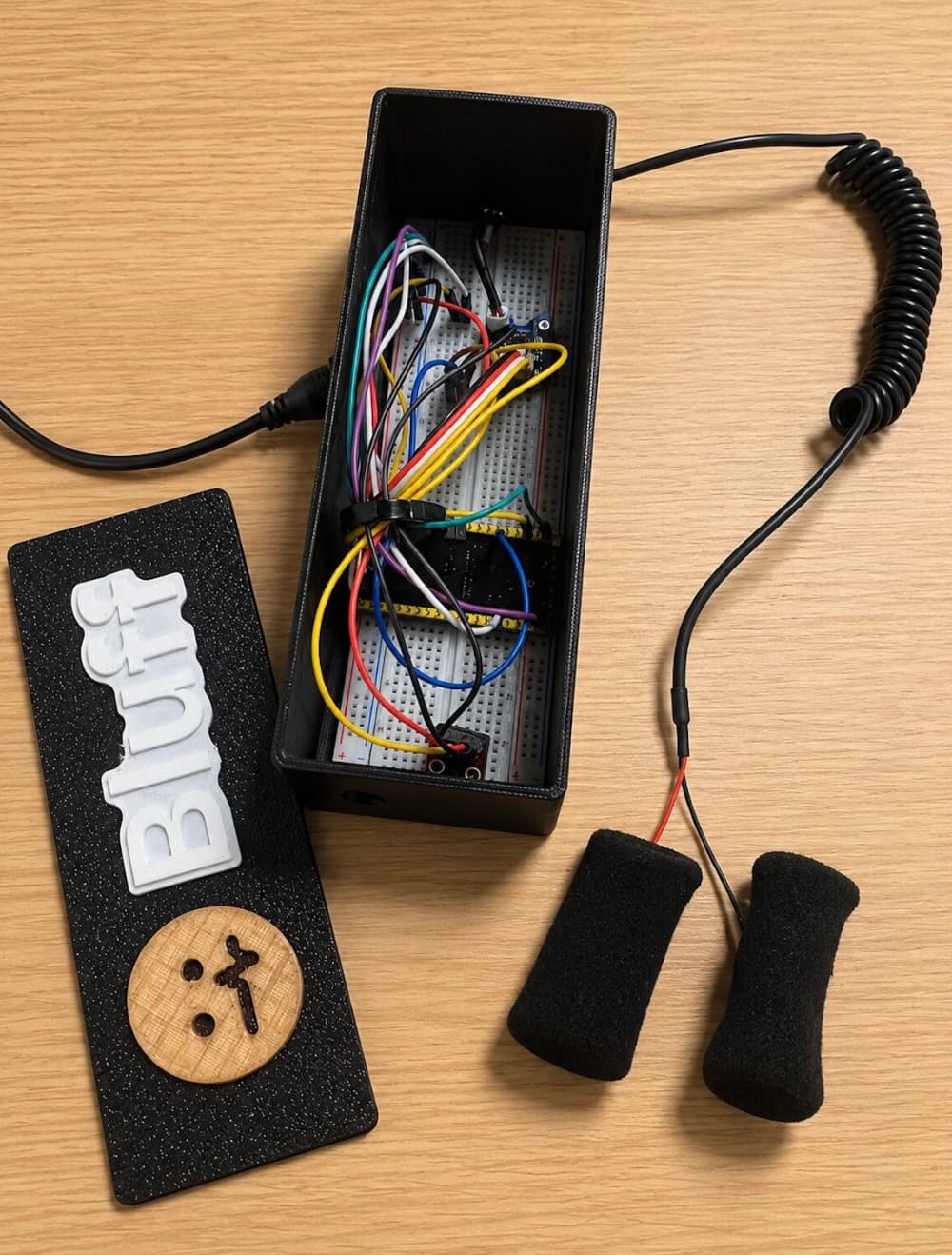 Le boîtier ouvert : carte ESP32 et modules câblés sur une plaque d'essai, couvercle avec le logo Bluff et la pastille en bois